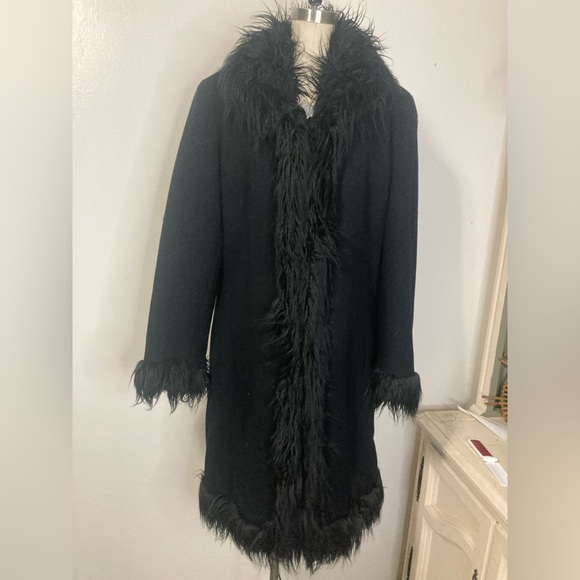 Vtg Esprit wool coat w faux Mongolian fur trim XL - Picture 1 of 13